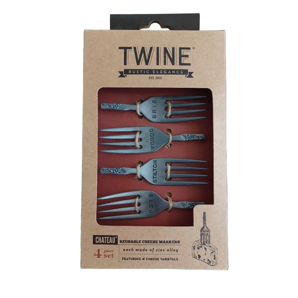 NIB New Twine Set of 4 Cheese Marking Forks Zinc Alloy Brie Gouda Stilton Bleu